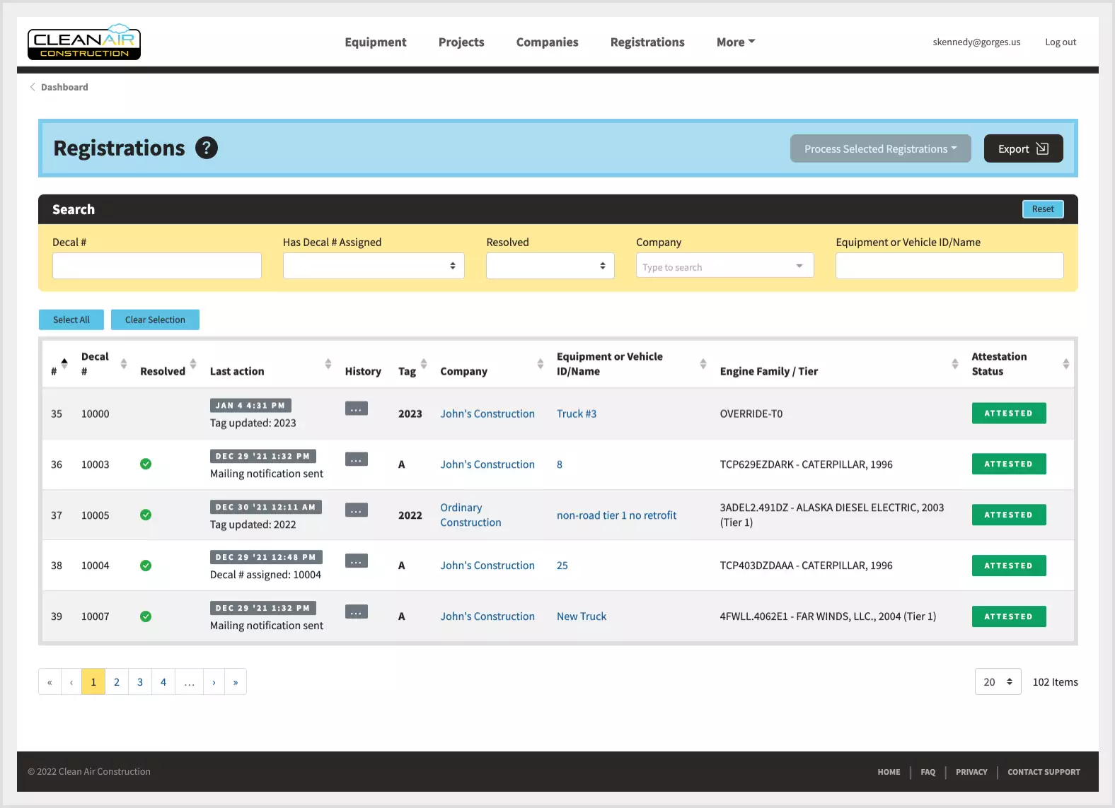 Registration screen