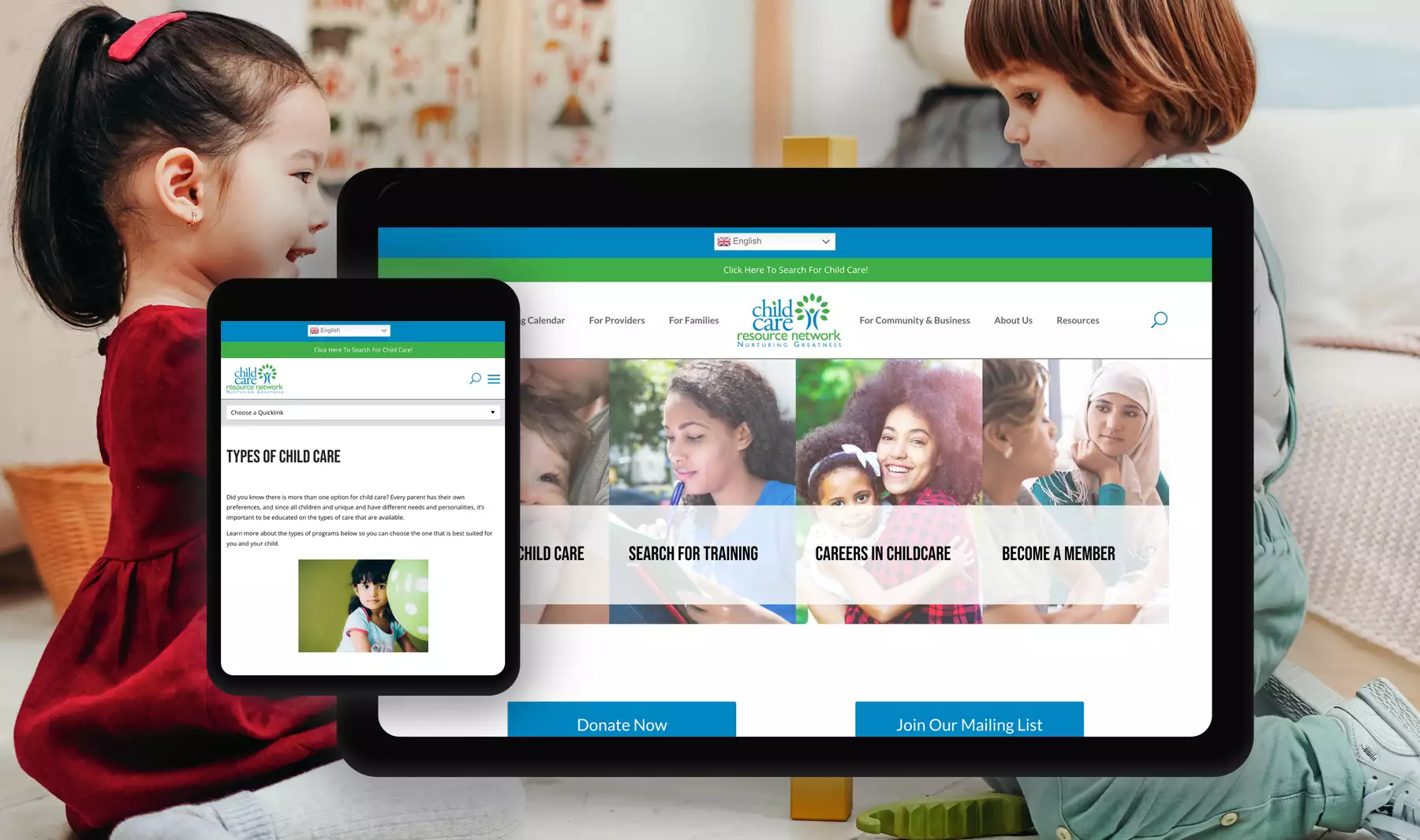 Screenshots of the Child Care Resource Network website on devices