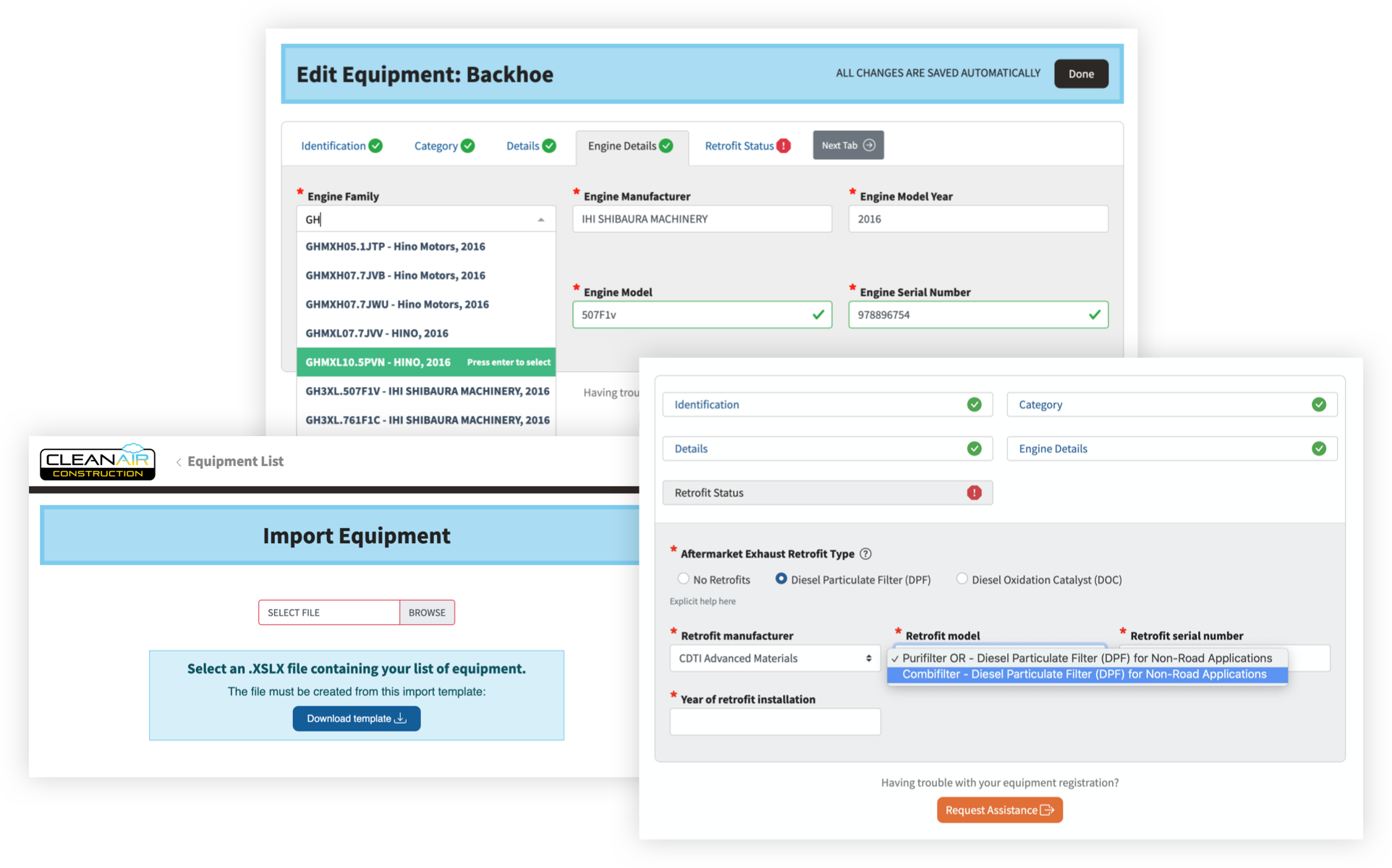 Equipment entry screens